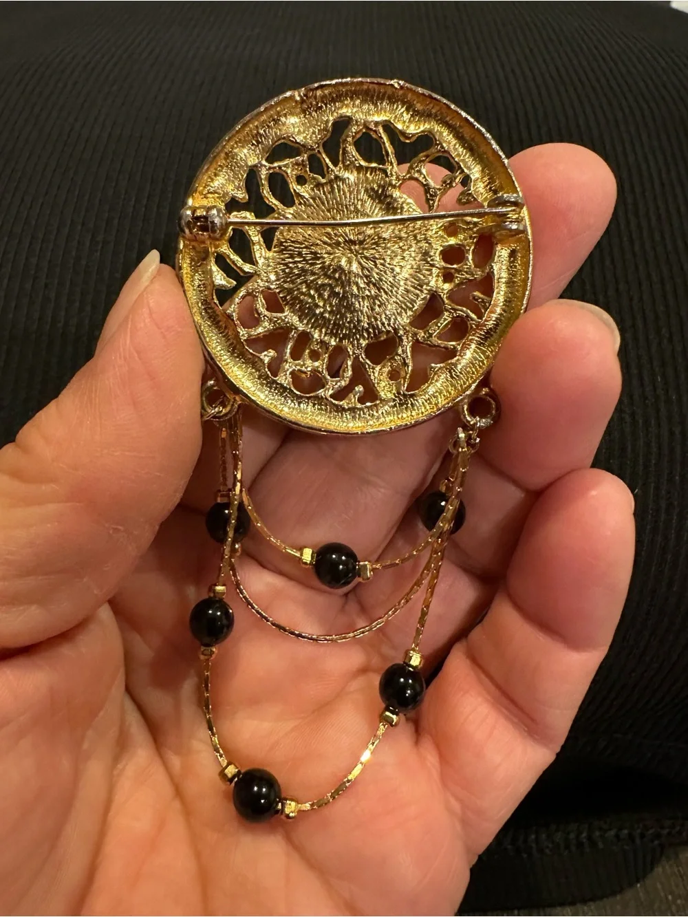 Vintage 1970s Victorian Revival Gold Tone Swag Brooch with Black Bead Dangles